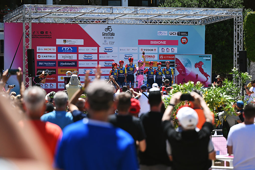Team Lidl - Trek prior to stage 3 of the 2026 Giro d'Italia Women 2026, a 156km stage from Bibione to Buja, Italy. (Photo by Luc Claessen/Getty Images)
