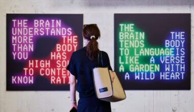 Feminine figure standing in front of two square, text-based artworks.
