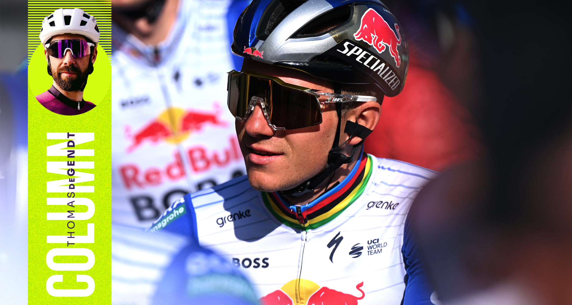 Photo of Remco Evenepoel, overlaid with a banner showing columnist Thomas De Gendt