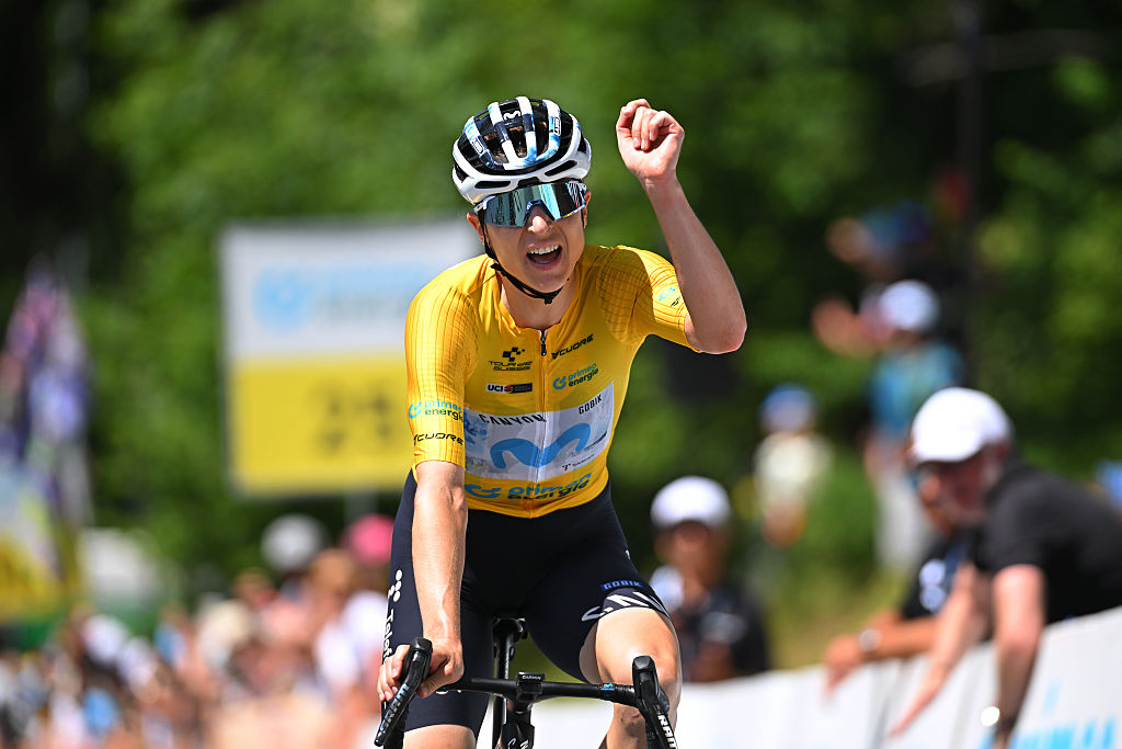VILLARS-SUR-OLLON, SWITZERLAND - JUNE 21: Marlen Reusser of Switzerland and Team Movistar - Yellow Leader Jersey celebrates at finish line as stage winner during the 10th Tour de Suisse Women 2026, Stage 5 a 100.4km stage from Villars-sur-Ollon to Villars-sur-Ollon 1249m / #UCIWT / on June 21, 2026 in Villars-sur-Ollon, Switzerland. (Photo by Tim de Waele/Getty Images)