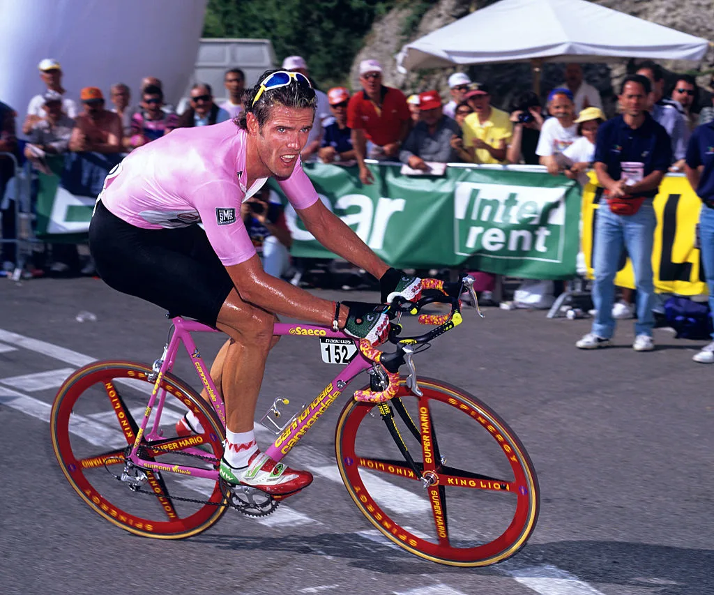 Mario Cipollini as race-leader on stage three of the 1997 Giro d'Italia from Santarcangelo di Romagna to San Marino. (Photo by Graham Watson/Getty Images)