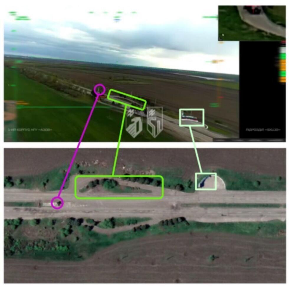 This shows a Hornet drone deployed by the Azov Brigade of the National Guard of Ukraine flying over the gates of the city of Mariupol, which is occupied by Russian troops. Location: 47°13'21.08"N 47°13'21.08"N