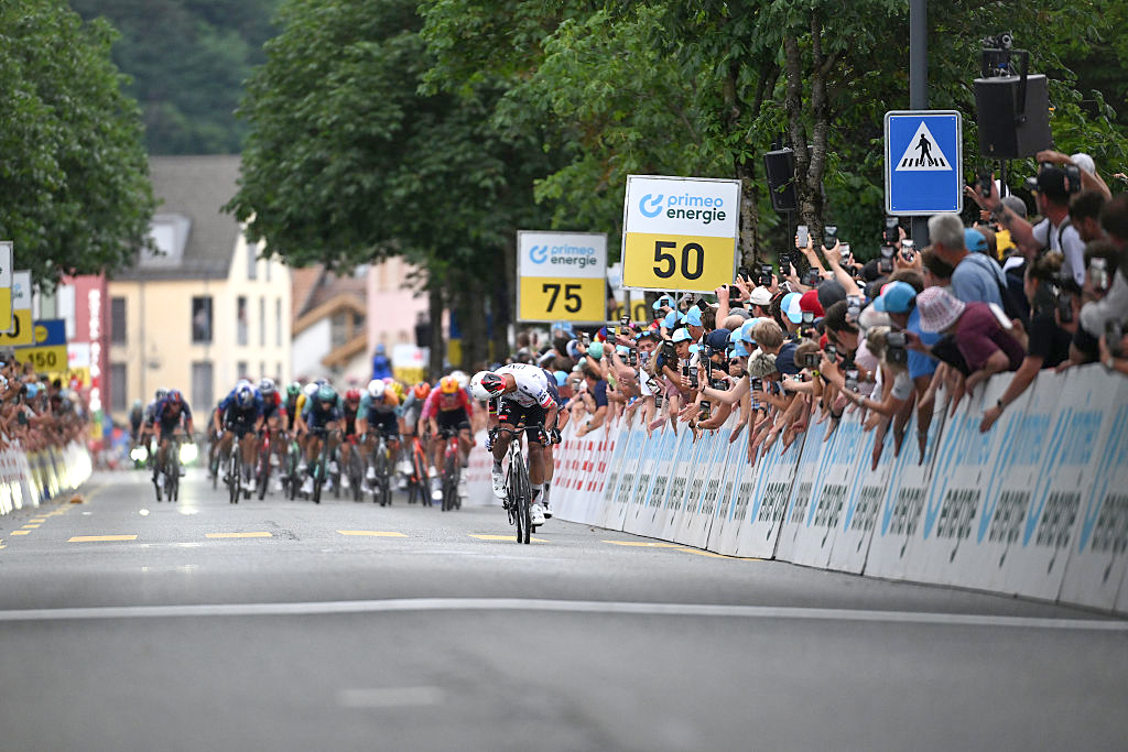 BAD RAGAZ, SWITZERLAND - JUNE 19: Stage winner Jhonatan Narvaez of Ecuador and UAE Team Emirates - XRG sprints at finish line during the 89th Tour de Suisse 2026, Stage 3 a 157.4km stage from Bad Ragaz to Bad Ragaz / #UCIWT / on June 19, 2026 in Bad Ragaz, Switzerland. (Photo by Tim de Waele/Getty Images)
