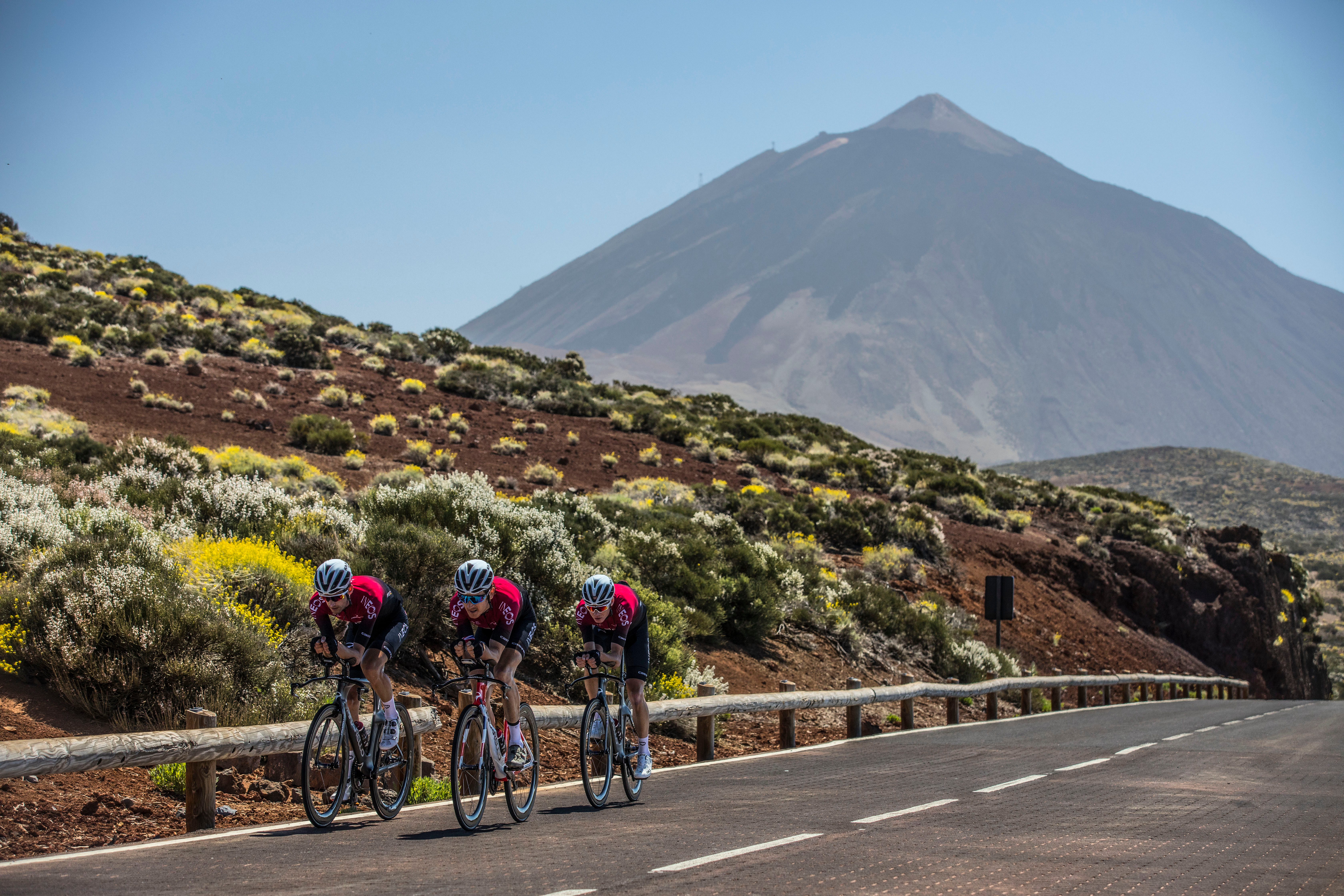 Chris Froome with Geraint Thomas out on team and individual high altitude training with the INEOS team.Team INEOS cycling team at their altitude training camp near Mt Teide, Tenerife - 23 May 2019