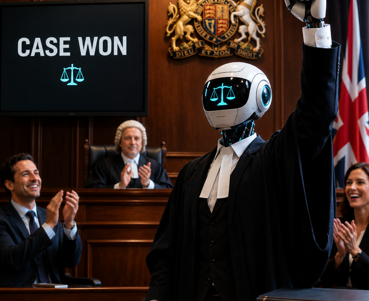 AI-powered legal assistant celebrating a court victory in an English courtroom, symbolising affordable access to justice.
