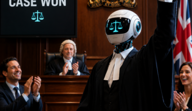 AI-powered legal assistant celebrating a court victory in an English courtroom, symbolising affordable access to justice.