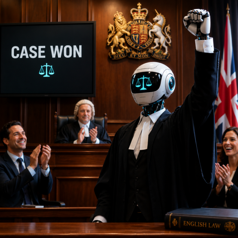 AI-powered legal assistant celebrating a court victory in an English courtroom, symbolising affordable access to justice.