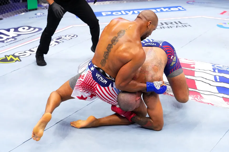 WASHINGTON, DC - JUNE 14: Ciryl Gane of France strikes Alex Pereira of Brazil in the UFC interim heavyweight championship fight during the UFC Freedom 250 event on the South Lawn at the White House on June 14, 2026 in Washington, DC. (Photo by Jeff Bottari/Zuffa LLC)