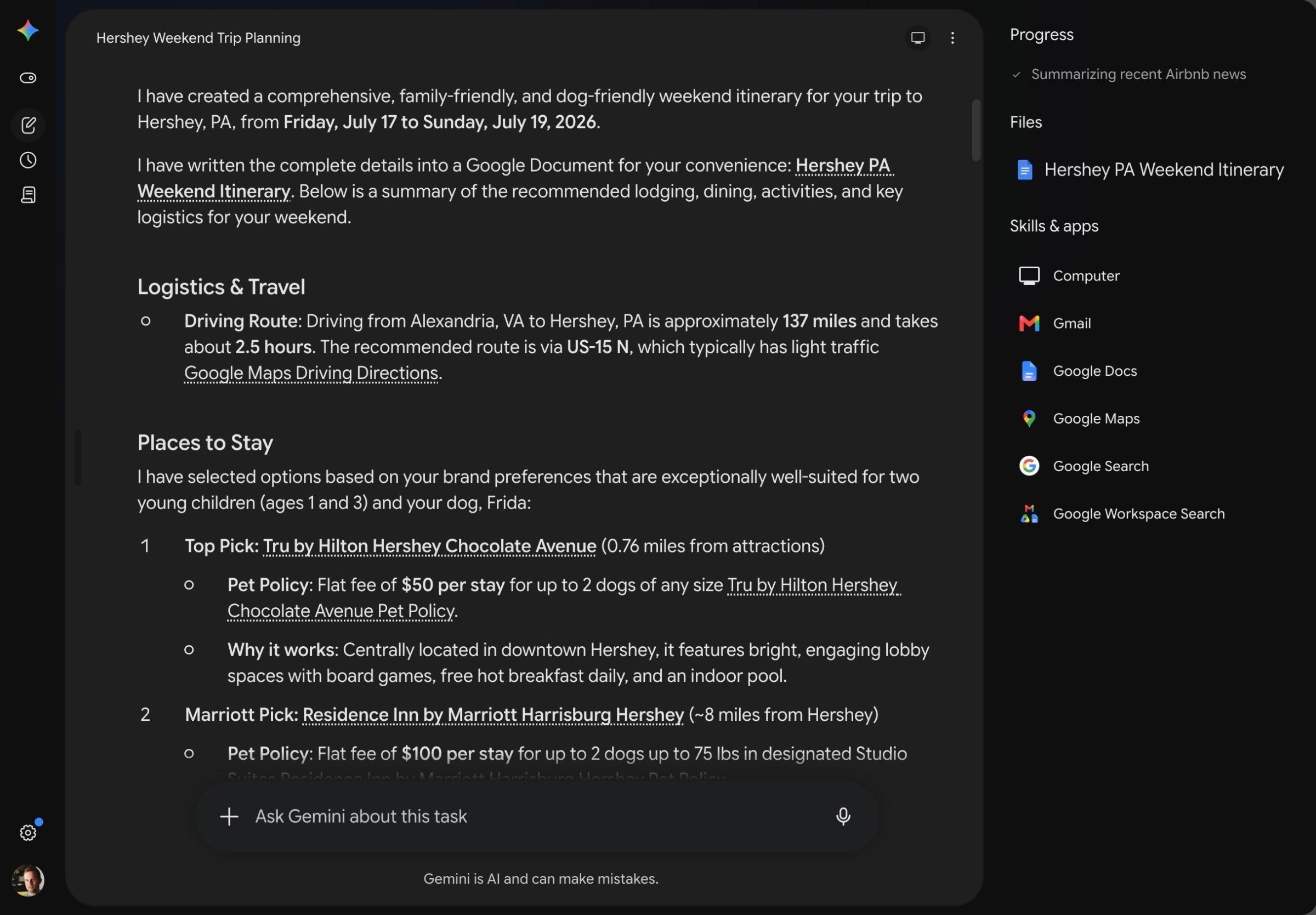 A screenshot of an itinerary for a trip to Hershey, PA.