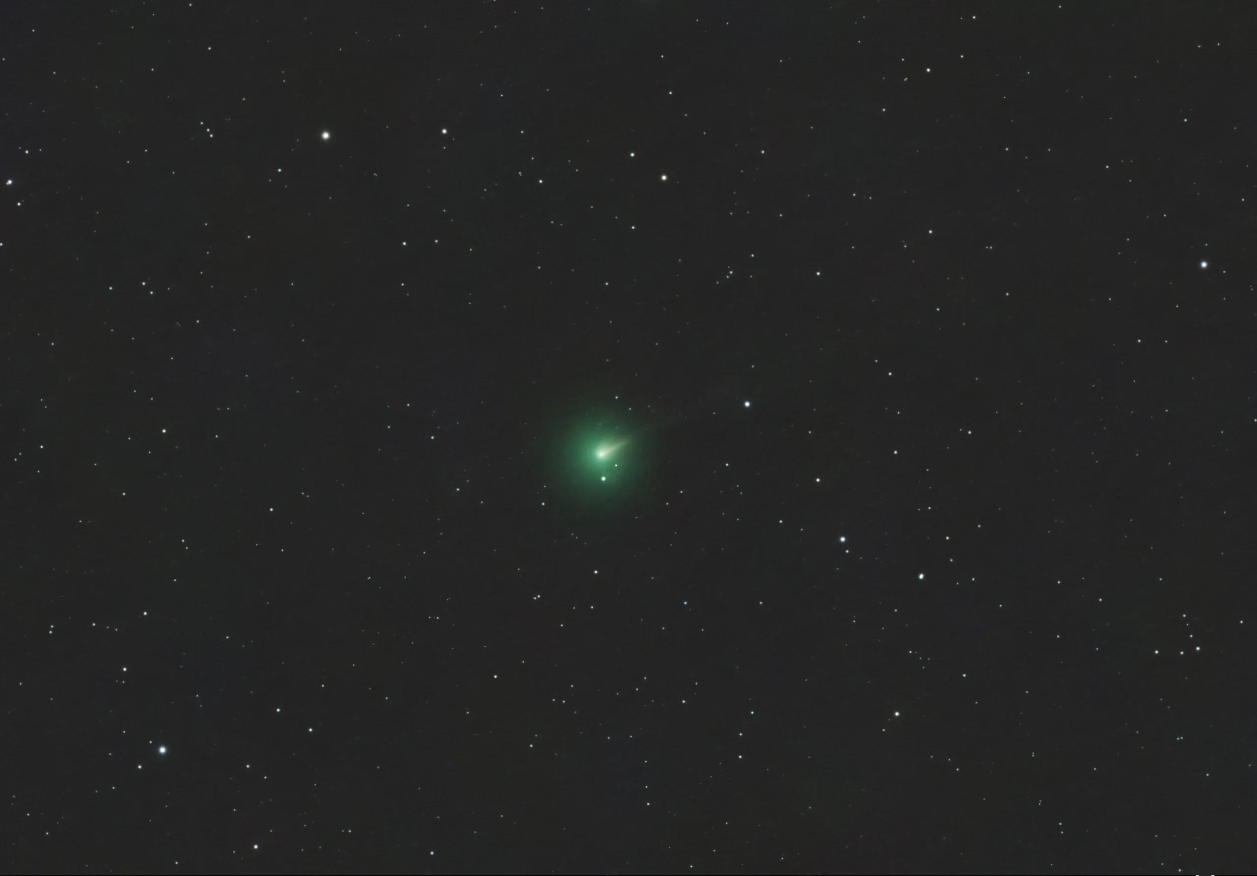 A telescope image of Comet 220P in outburst, showing a bright green coma glowing near the center of the frame against a dark star-filled background. The comet's nucleus appears as a bright condensed point within the fuzzy green cloud, with a faint tail extending to the upper right.