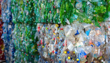 Compressed plastic bottles, plastics recycling, plastic bales