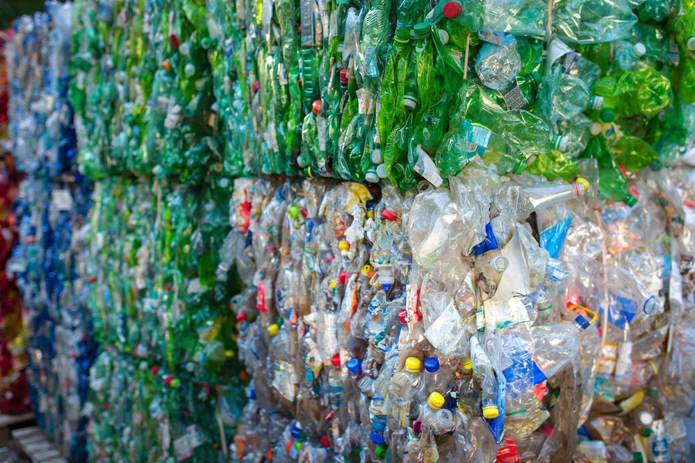 Compressed plastic bottles, plastics recycling, plastic bales