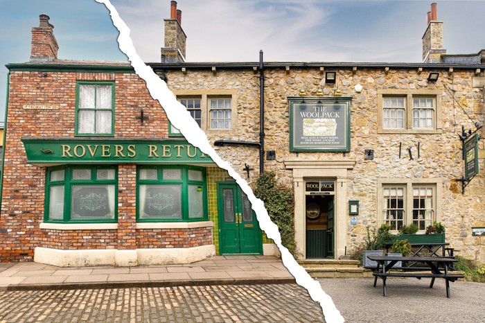 Coronation_St_Emmerdale_Image An image with a tear diagonally across the screen to show two dual images side by side, one of the Rovers Return pub in Coronation Street and one of the Woolpack in Emmerdale.