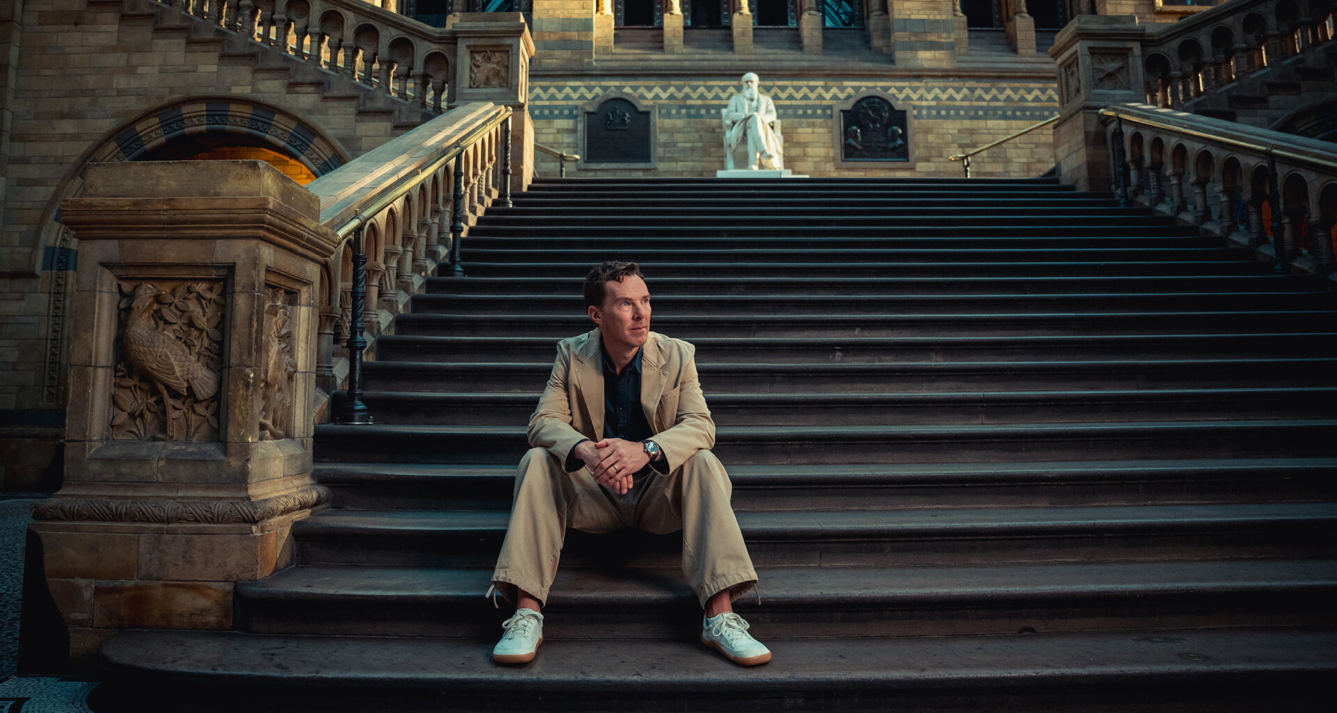 Benedict Cumberbatch on the steps at the Natural History Museum in London