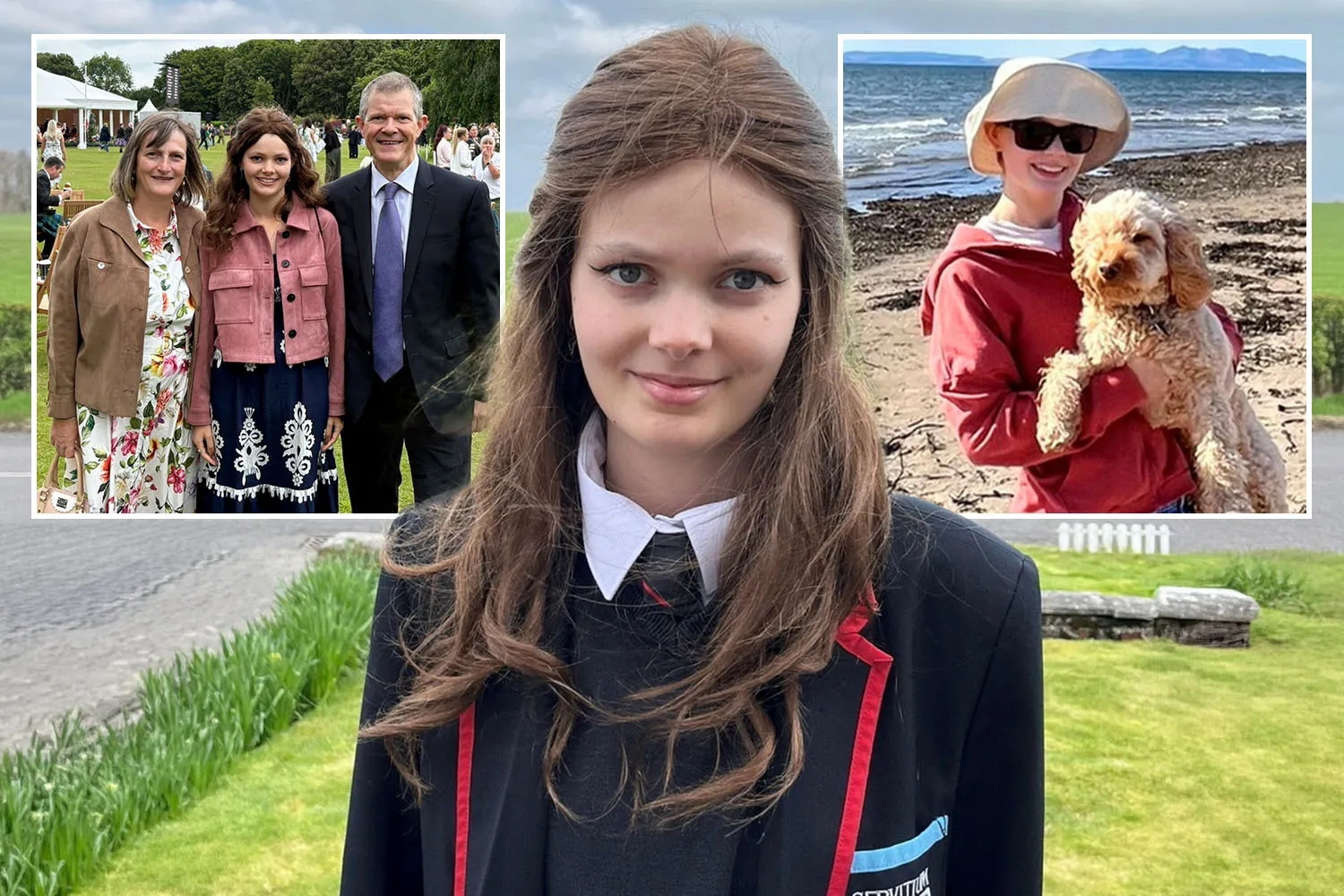 Collage of a young woman in school uniform, a family, and a girl holding a dog on a beach.