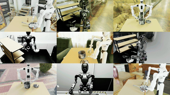A collection of videos in the Embodied Robot Scenes dataset. The videos show different humanoid robots doing manipulation tasks in different environments.