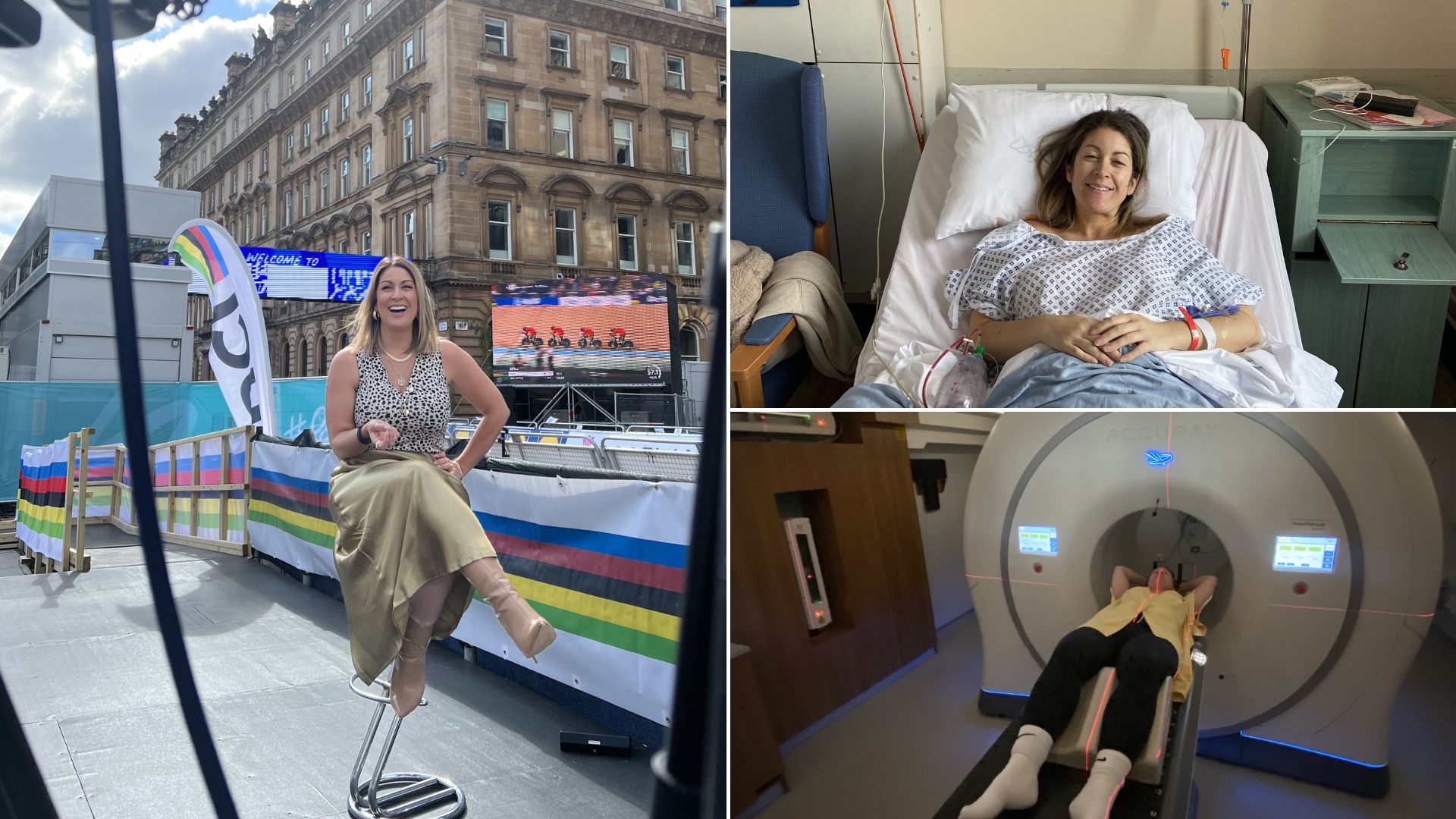 Image shows Rebecca Charlton presenting (left) and in hospital undergoing cancer treatment (right)