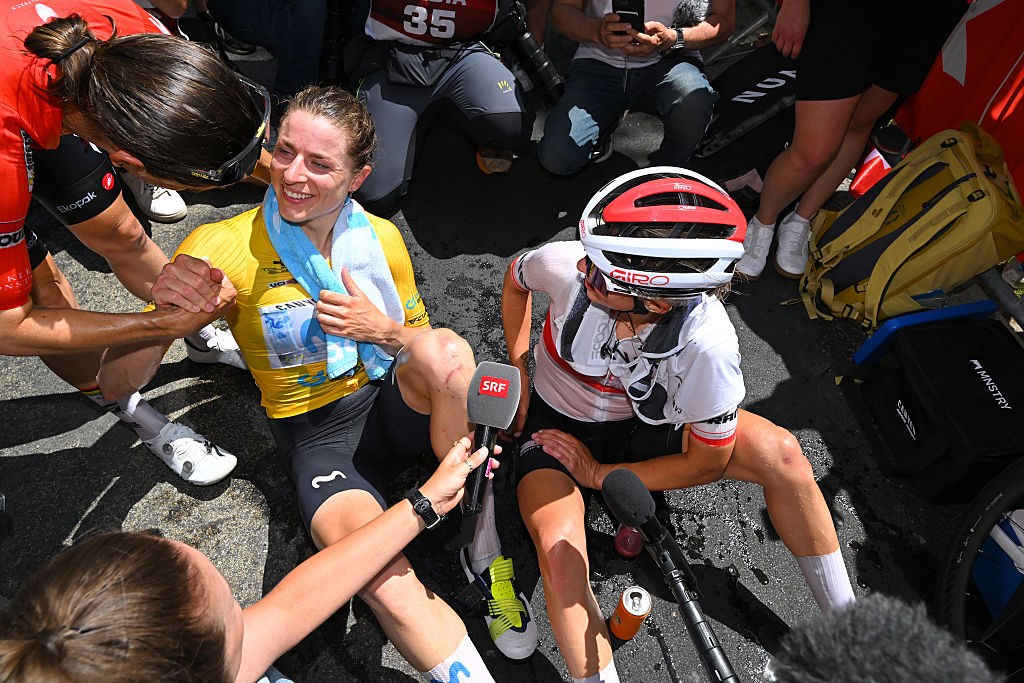 VILLARS-SUR-OLLON, SWITZERLAND - JUNE 21: Stage winner, Marlen Reusser of Switzerland and Team Movistar - Yellow Leader Jersey and Kasia Niewiadoma of Poland and Team CANYON//SRAM zondacrypto react after the 10th Tour de Suisse Women 2026, Stage 5 a 100.4km stage from Villars-sur-Ollon to Villars-sur-Ollon 1249m / #UCIWT / on June 21, 2026 in Villars-sur-Ollon, Switzerland. (Photo by Tim de Waele/Getty Images)