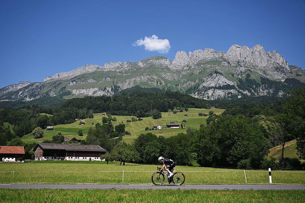 BAD RAGAZ, SWITZERLAND - JUNE 19: Juliette Berthet of France and Team FDJ United - SUEZ compete in the breakaway during the 10th Tour de Suisse Women 2026, Stage 3 a 120.8km stage from Bad Ragaz to Bad Ragaz / #UCIWWT / on June 19, 2026 in Bad Ragaz, Switzerland. (Photo by Tim de Waele/Getty Images)
