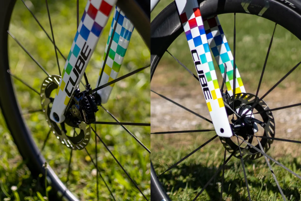 Offset fork dropouts on unreleased Cube Litening C:68X at the 2026 Tour Auvergne-Rhône-Alpes