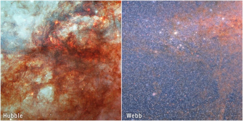 Side-by-side comparison of a galaxy’s view from Hubble (left, with dense red clouds) and Webb (right, showing more individual stars and less cloud cover). Both images are labeled in the bottom left corners.