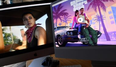 A screen showing a shot from the GTA VI trailer next to the poser for Grand Theft Auto VI.