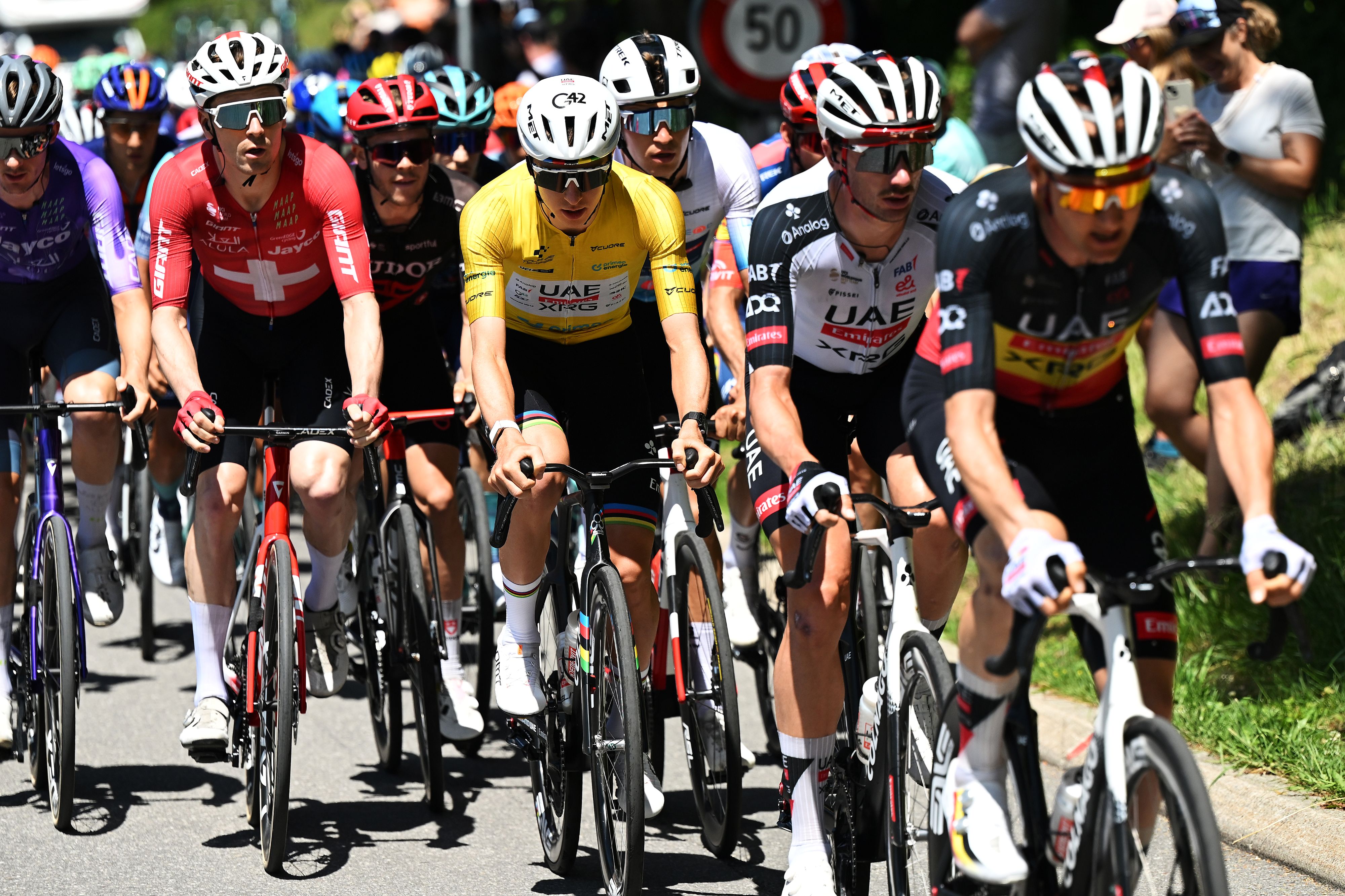 VILLARS-SUR-OLLON, SWITZERLAND - JUNE 21: Tadej Pogacar of Slovenia and UAE Team Emirates - XRG - Yellow Leader Jersey competes during the 89th Tour de Suisse 2026, Stage 5 a 150.7km stage from Villars-sur-Ollon to Villars-sur-Ollon 1249m / #UCIWT / on June 21, 2026 in Villars-sur-Ollon, Switzerland. (Photo by Tim de Waele/Getty Images)