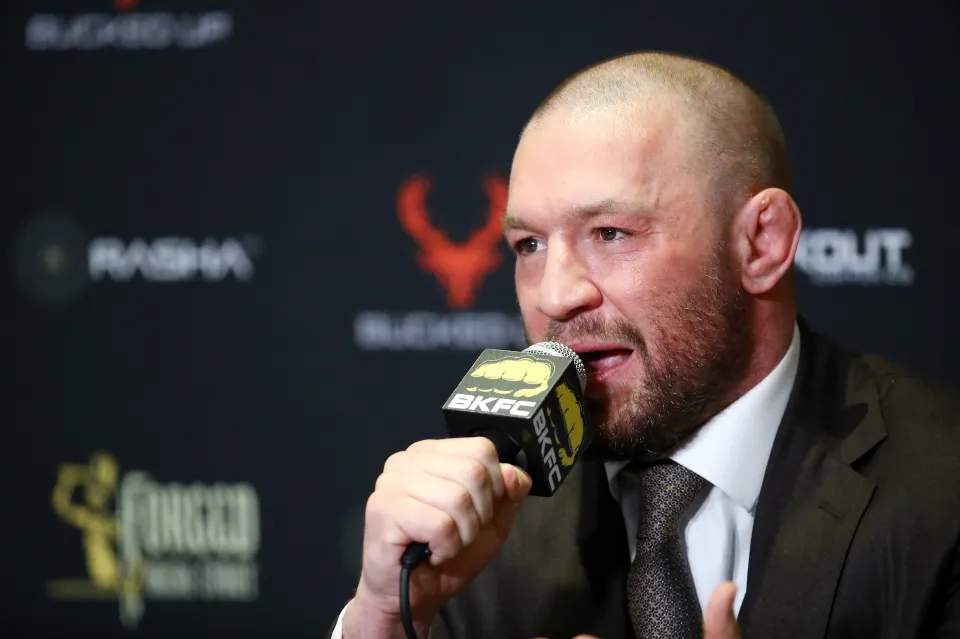 Conor McGregor speaks at a press conference after BKFC 70 Hollywood
