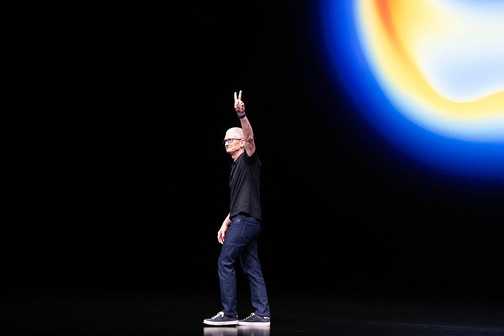 Apple CEO Tim Cook speaks during Apple's 'Awe-Dropping' event at the Steve Jobs Theater on the Apple Park campus in Cupertino, California, on 9 September, 2025