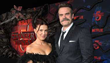 (L-R) Millie Bobby Brown and David Harbour attend Netflix's Stranger Things Season 5 World Premiere at TCL Chinese 6 Theatres on November 06, 2025 in Hollywood, California.