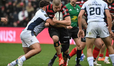 Jack Willis of Toulouse runs into a tackle during his team's March 2026 Top 14 match against Montpellier