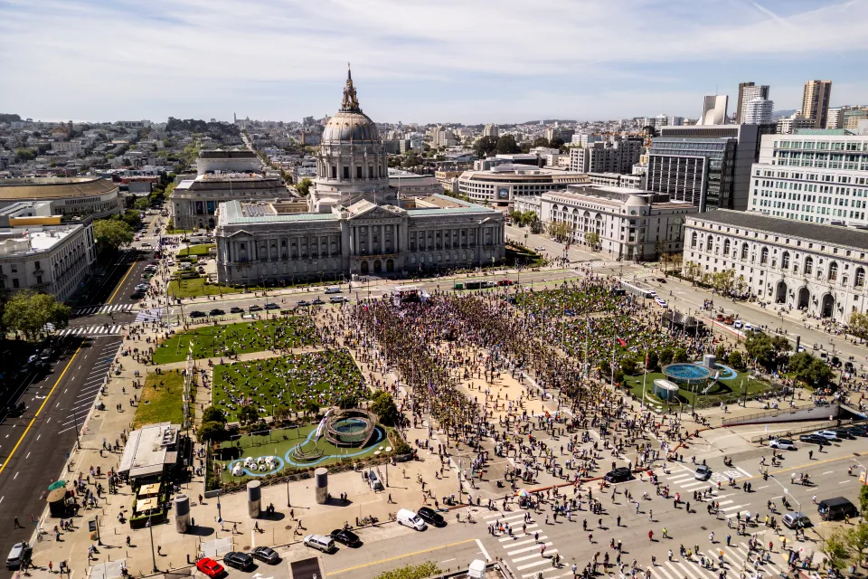 Protesters gather at Civic Center Plaza during a "No Kings" protest, part of the nationwide protests against President Donald Trump along with the administration's domestic and foreign actions, in San Francisco Saturday, March 28, 2026. (Photo by Stephen Lam/San Francisco Chronicle via Getty Images)