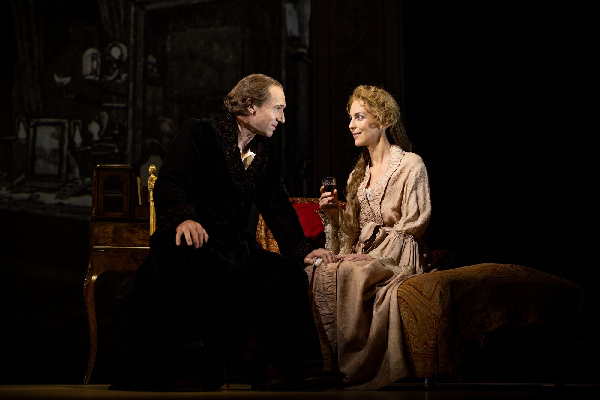 Ralph Fiennes and Miranda Raison in ‘Grace Pervades’, which is regularly interrupted by theatregoers’ alarms
