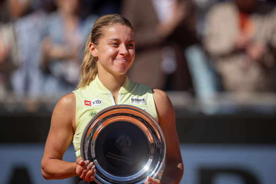 PARIS, FRANCE - JUNE 06: Maja Chwalinska of Poland with the runners-up trophy after her match against Mirra Andreeva in the Women's Singles Final on Court Philippe Chatrier at the 2026 French Open Tennis Tournament at Roland Garros on June 6th, 2026, in Paris, France. (Photo by Tim Clayton/Getty Images)