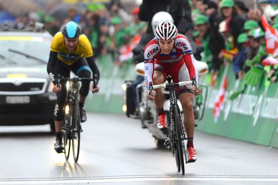 Cycling: 67th Tour de Romandie 2013 / Stage 4 Arrival / Simon Spilak (Slo)/ Christopher Froome (GBr) Yellow Jersey / Marly - Les Diablerets (188,5Km)/ Ronde Rit Etape TDR /(c)Tim De Waele (Photo by Tim de Waele/Corbis via Getty Images)