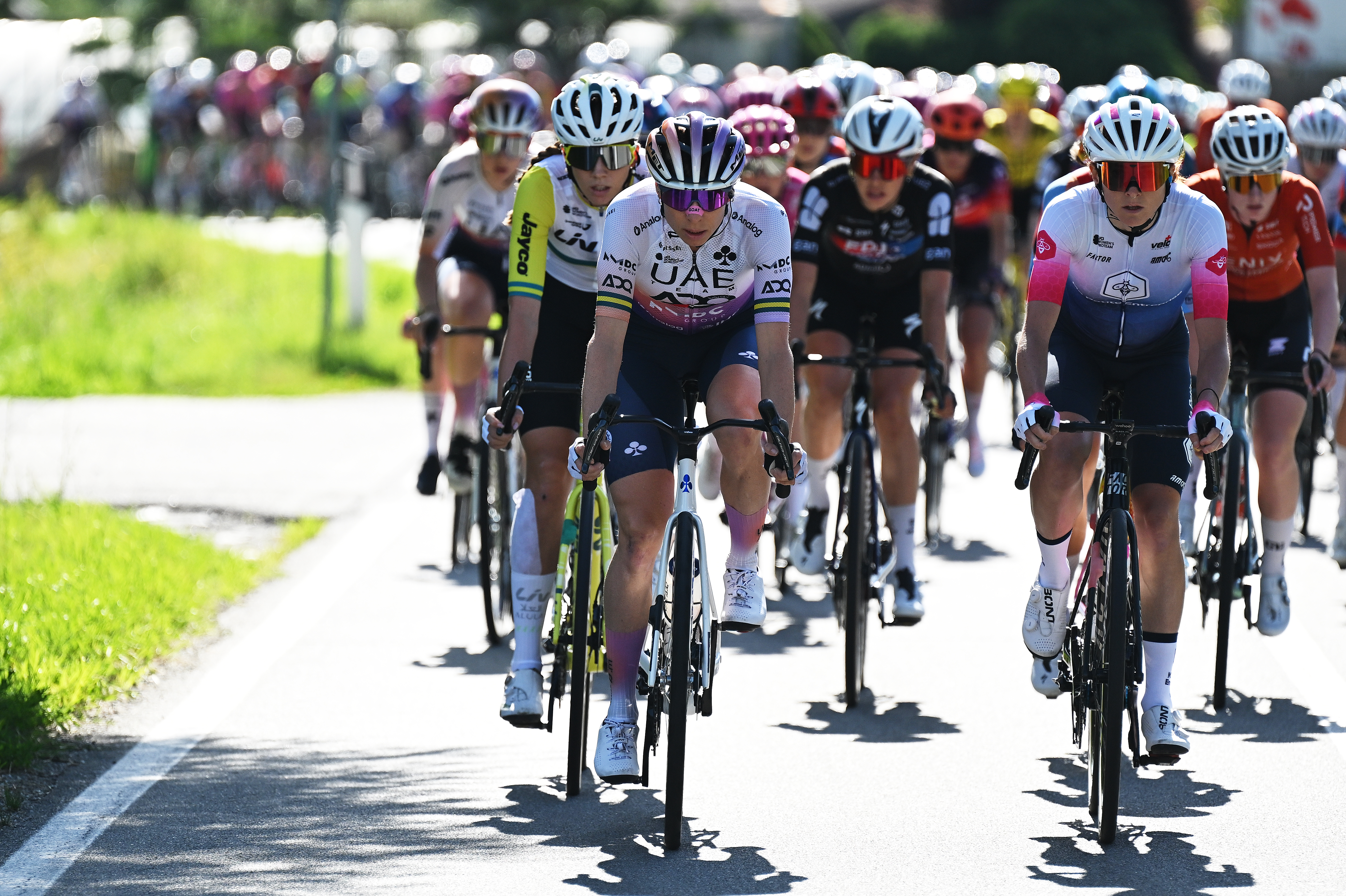 SONDRIO, ITALY - JUNE 17: (L-R) Brodie Chapman of Australia and UAE Team ADQ and Morgane Coston of France and Team Ma Petite Entreprise compete during the 10th Tour de Suisse Women 2026, Stage 1 a 109.3km stage from Sondrio to Sondrio / #UCIWWT / on June 17, 2026 in Sondrio, Italy. (Photo by Tim de Waele/Getty Images)