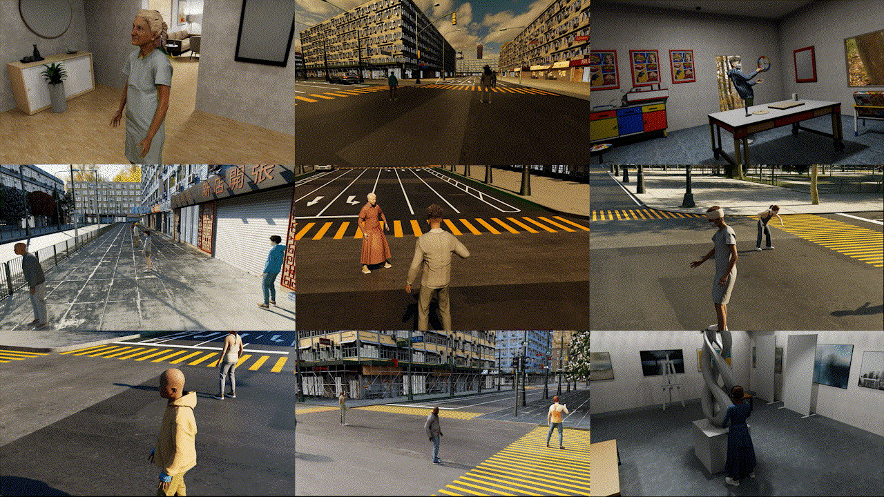 A collection of videos in the Digital Human Scenes dataset. The videos show some simulated indoor and outdoor environments with digital people standing and moving. These videos provide diverse human appearance, motion, scene context, lighting, and camera motion.