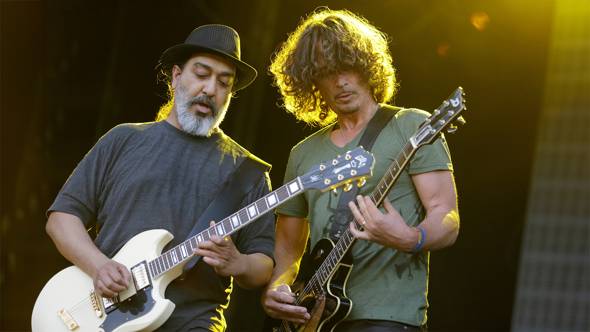 Kim Thayil (L) and singer Chris Cornell perform on stage at the Soundwave Festival at the Melbourne Showgrounds on February 22, 2015 in Melbourne, Australia.