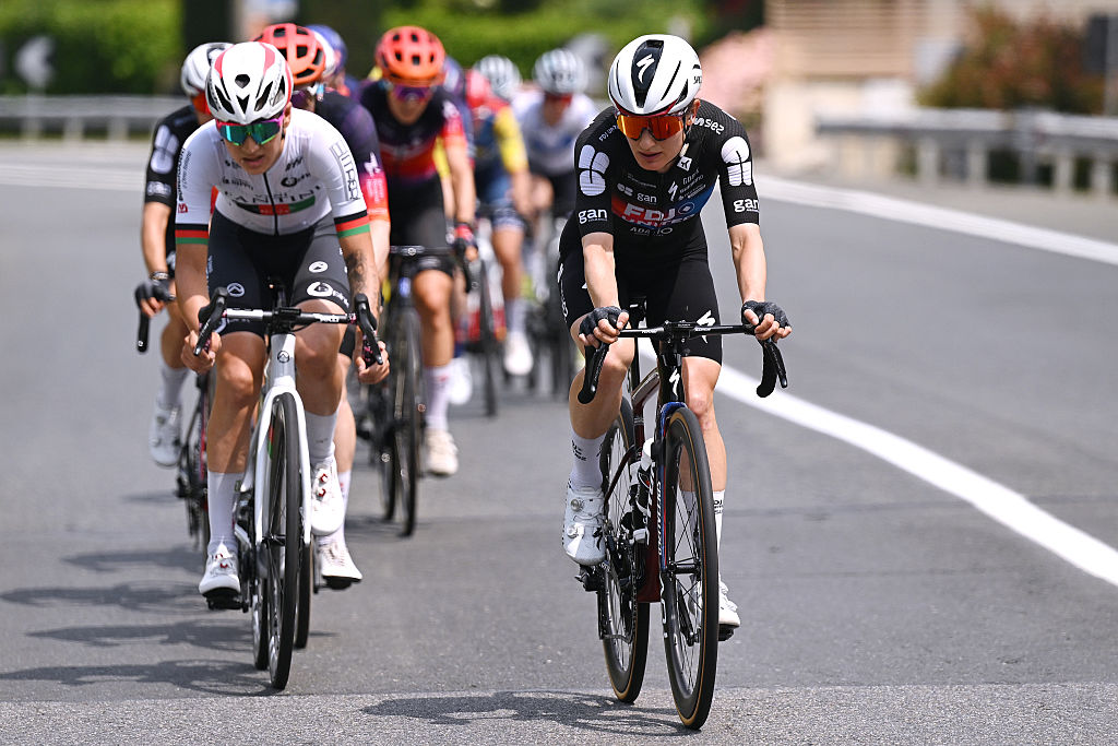 Eva Van Agt (FDJ United - SUEZ) leads the breakaway during stage 8 of the 2026 Giro d'Italia Women, a 106km stage from Rivoli to Sestriere, Italy. (Photo by Luc Claessen/Getty Images)