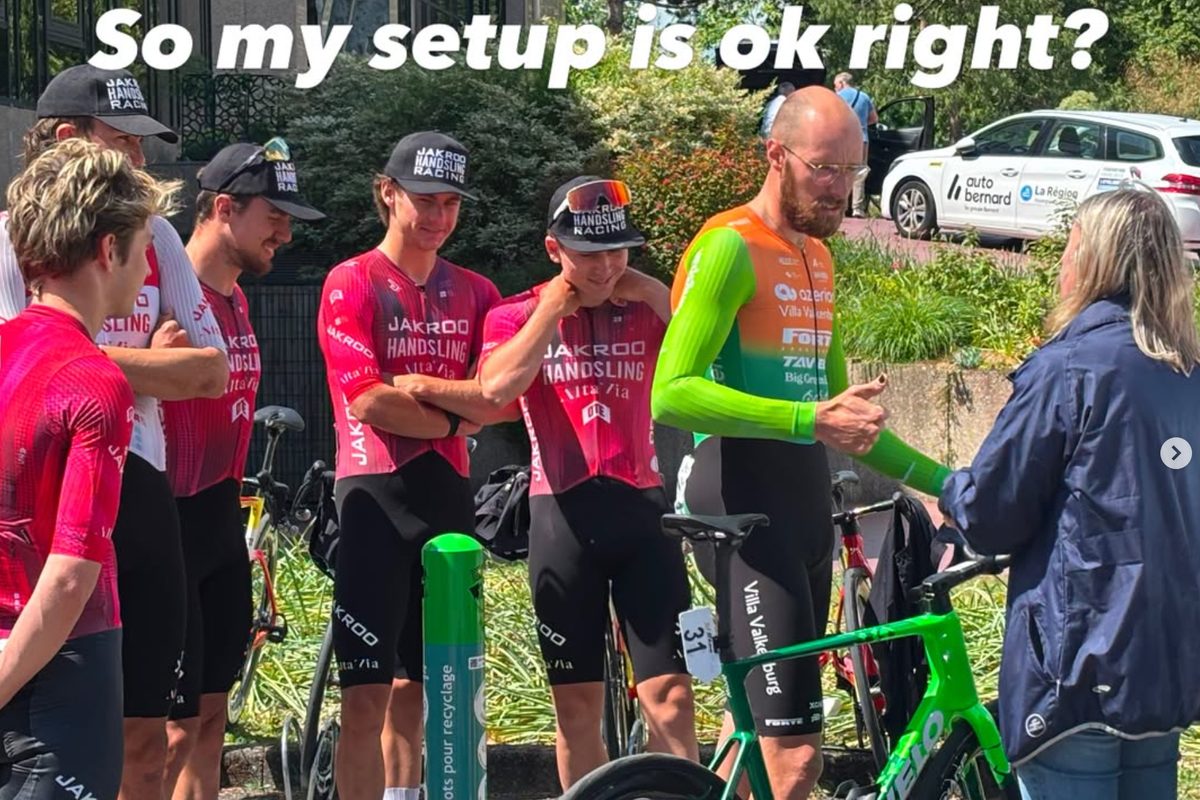 Jan-Willem van Schip having his bike setup checked by race officials