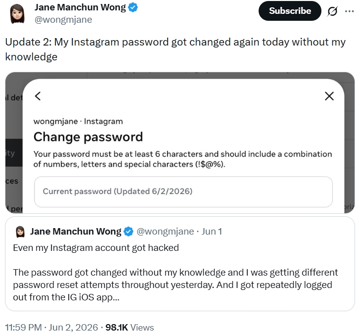 Jane Wong Instagram account hacked 1