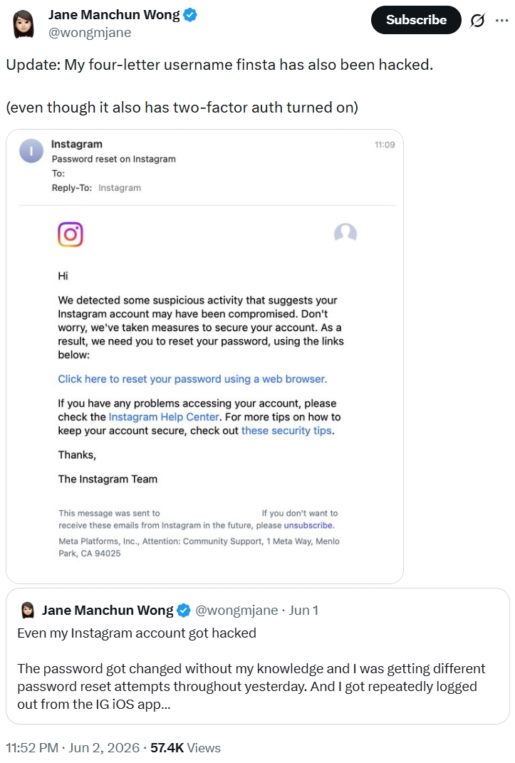 Jane Wong Instagram account hacked 2