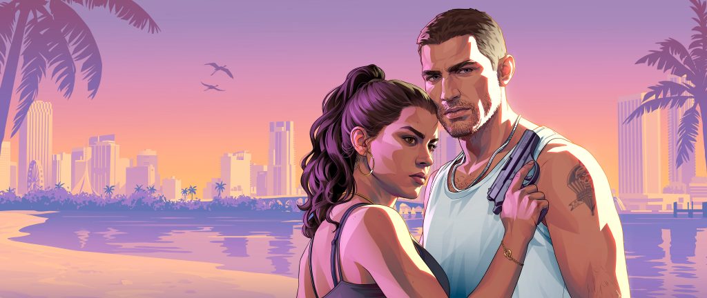 Official character key art for Grand Theft Auto VI (GTA 6) featuring the main protagonists, Lucia and Jason, standing close together on a beach in Vice City. Lucia wears a dark tank top with her hair tied back in a ponytail, while Jason wears a white tank top. Lucia holds a semi-automatic handgun near his chest. The background displays a tropical beach setting at sunset with a pink and orange sky, palm tree silhouettes, and the Vice City skyline across the water.