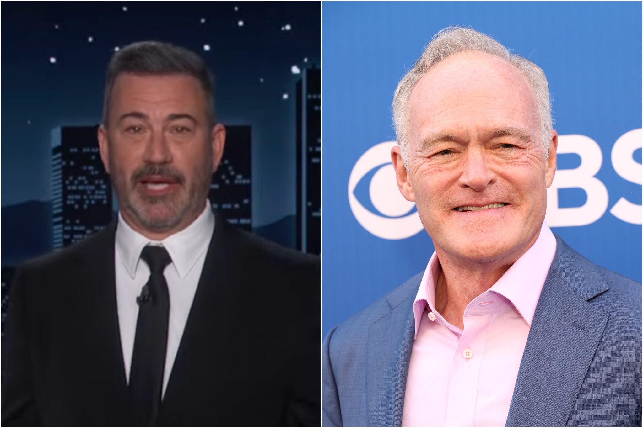 Jimmy Kimmel branded CBS ‘Trump suck-ups’ over the firing of ‘60 Minutes’ correspondent Scott Pelley (right)