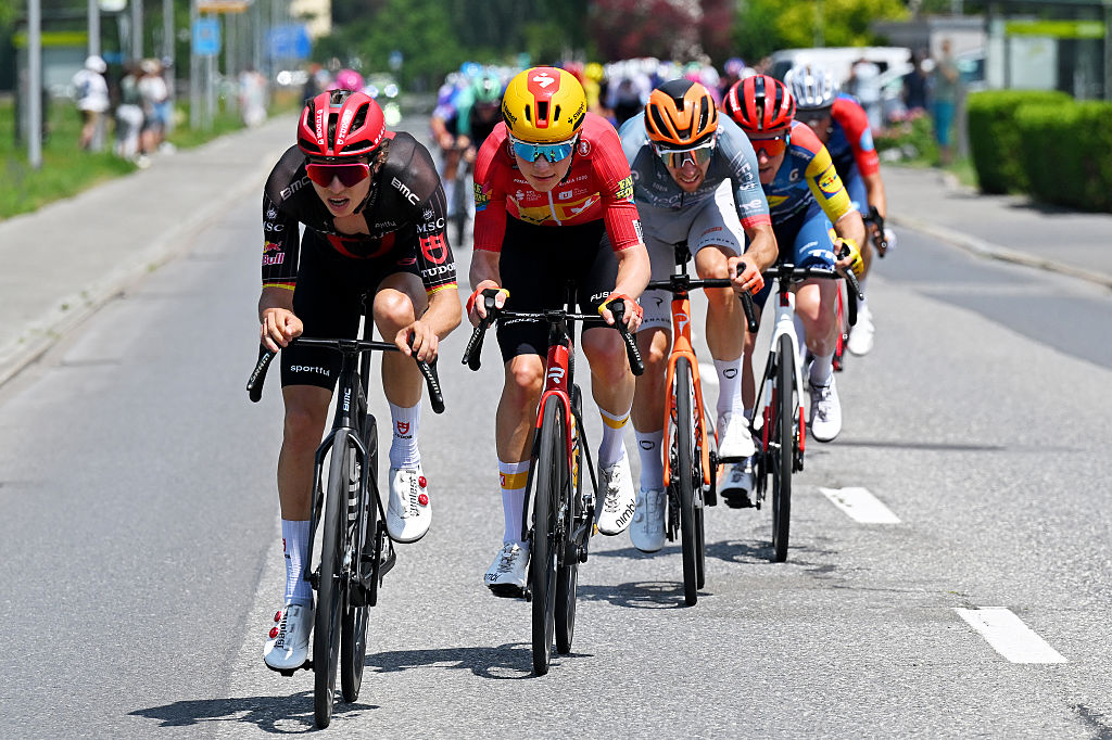 BAD RAGAZ, SWITZERLAND - JUNE 19: (L-R) Marco Brenner of Germany and Team Tudor Pro Cycling, Simon Dalby of Denmark and Team Uno-X Mobility and Axel Laurance of France and Netcompany INEOS Cycling Team compete in the breakaway during the 89th Tour de Suisse 2026, Stage 3 a 157.4km stage from Bad Ragaz to Bad Ragaz / #UCIWT / on June 19, 2026 in Bad Ragaz, Switzerland. (Photo by Tim de Waele/Getty Images)