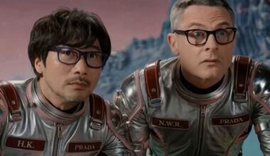 AI-generated Hideo Kojima and Nicolas Winding Refn in '60s sci-fi spacesuits, from a Prada ad.