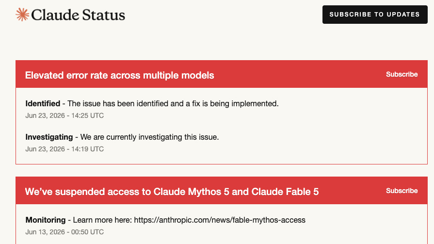 The Claude Status page showing an outage