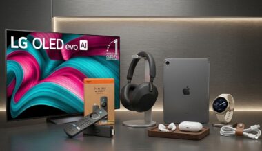 A collection of tech items against a dimly lit grey wall