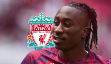 RB Leipzig winger Yan Diomande next to the Liverpool FC badge