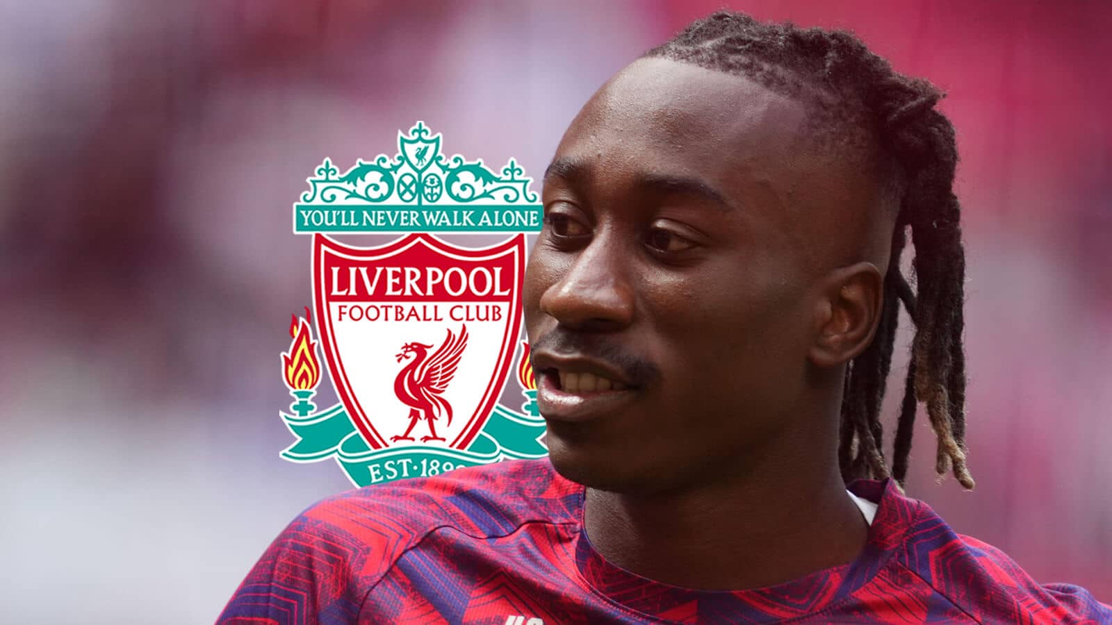 RB Leipzig winger Yan Diomande next to the Liverpool FC badge